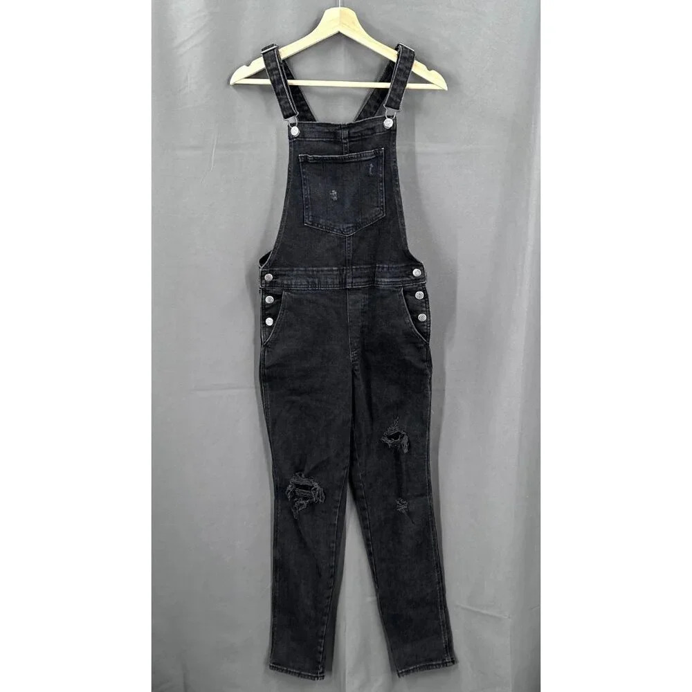 Old Navy Overalls Women Sz 2 Off Black Distressed Cropped Bib Tapered Denim